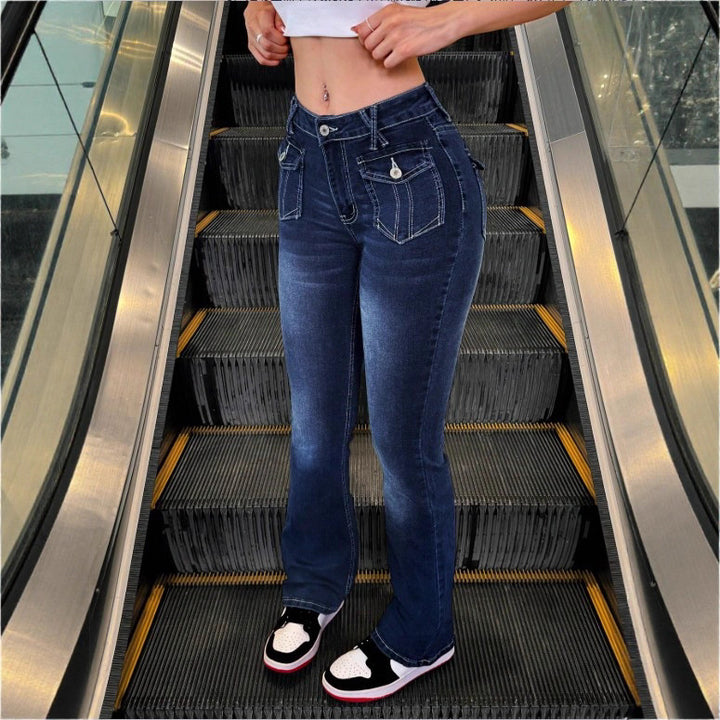 Damen Hochtaillierte Stretch-Jeans mit leichtem Flare und dekorativen Taschen Echo Archiv