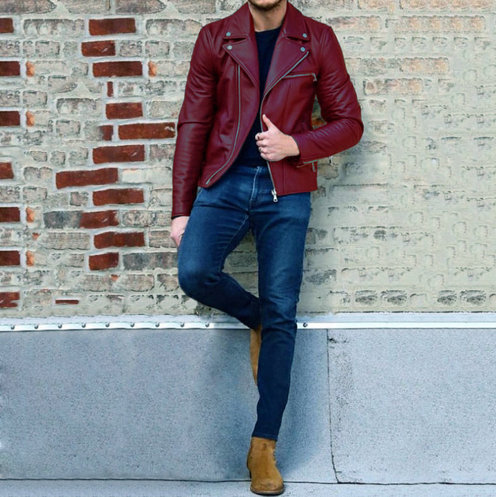 Herren moderne Bikerjacke mit asymmetrischem Reißverschluss und Lederoptik Echoarchiv