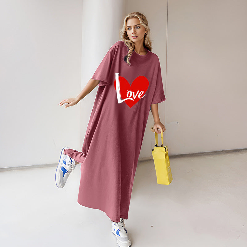 Damen locker geschnittenes Maxikleid mit großem Herzgrafikprint und Rundhalsausschnitt – Valéora