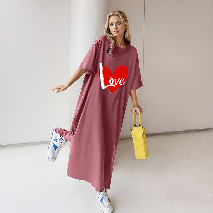 Damen locker geschnittenes Maxikleid mit großem Herzgrafikprint und Rundhalsausschnitt – Valéora