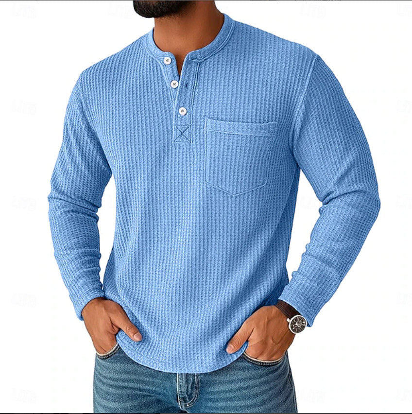 Herren Langarm Henley mit Waffelstruktur und Brusttasche thermisches Langarmshirt – Marzano