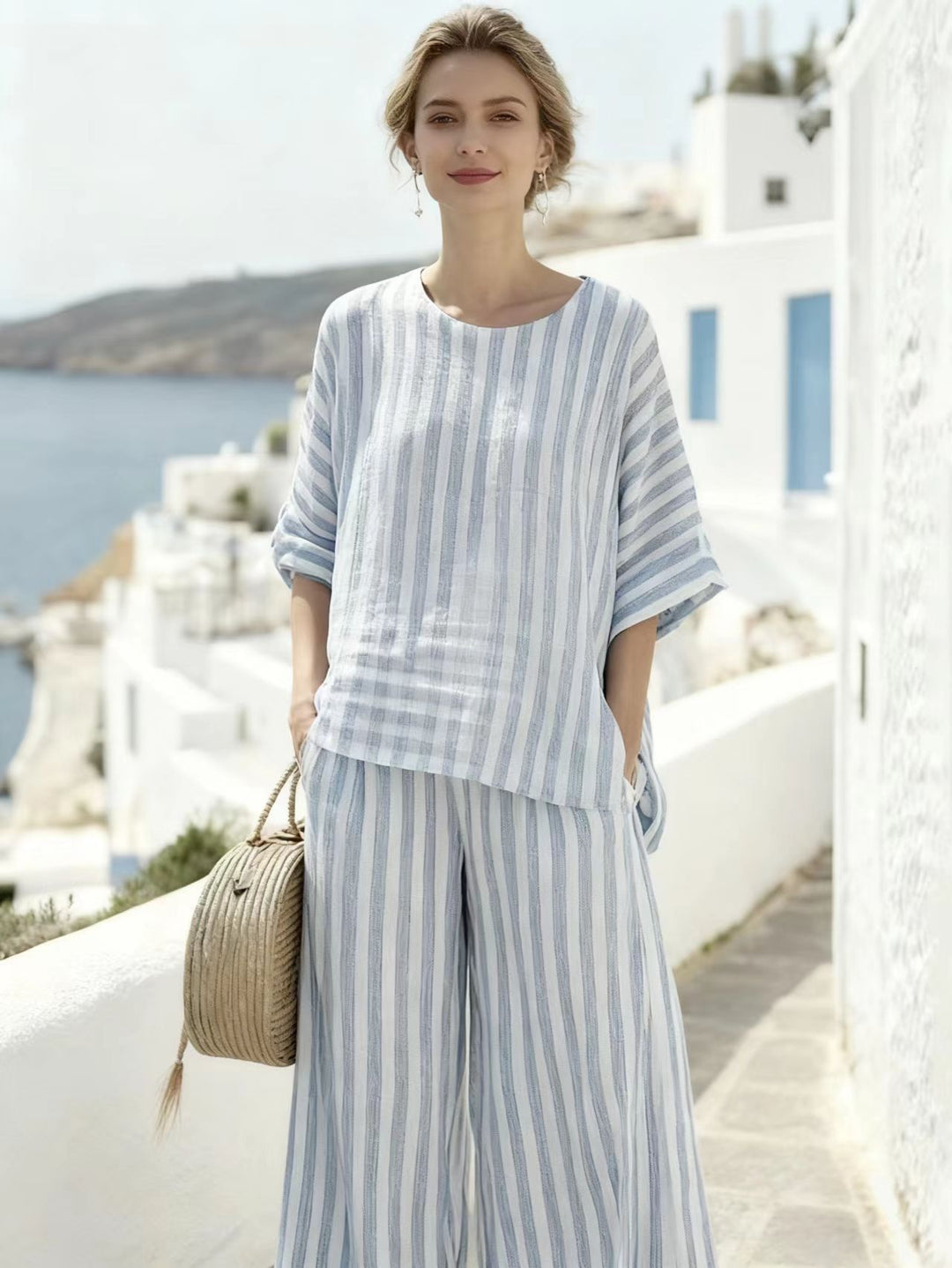 Damen Zweiteiliges gestreiftes Leinen‑Optik Lounge‑Set mit Oversize‑Bluse und High‑Waist Palazzo – Élanora