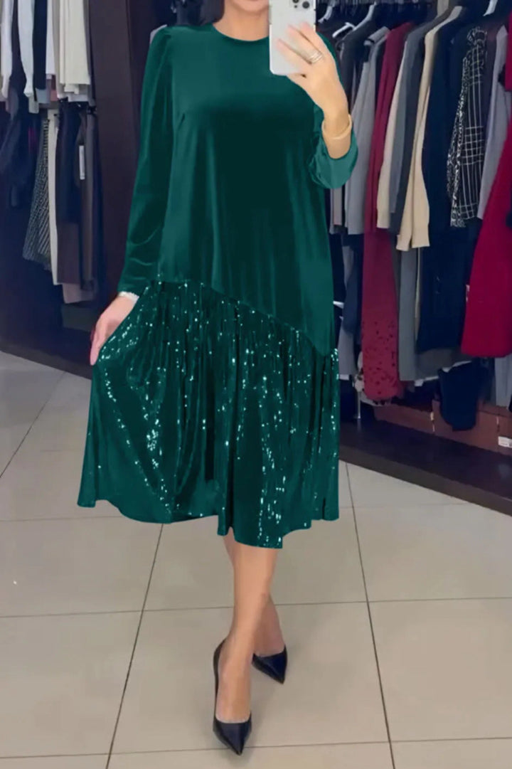 Damen nan Samt-Midikleid mit plissiertem Paillettenrock, lockerem A-Linien-Schnitt und Rundhalsausschnitt Echo Archiv