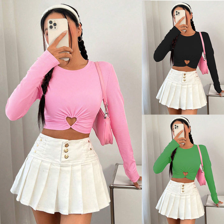 Damen gerafftes Crop-Top mit Herz-Cutout, langärmlig und feiner Rippstruktur – Avérine