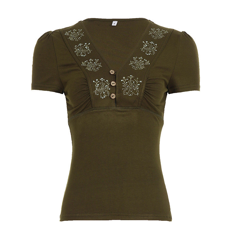 Damen Kurzarmshirt mit dekorativen Knopf- und Stickdetails Echo Archiv