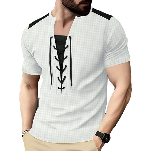 Herren Kurzarm-Henley-Oberteil mit einzigartigem Schnürdesign Echoarchiv