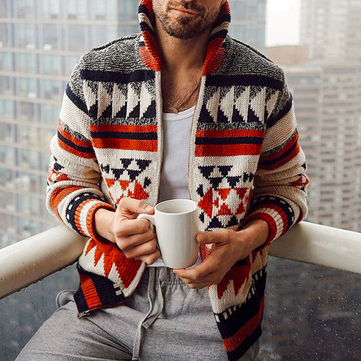 Herren Strickjacke mit geometrischem Muster und hoher Kragen Echoarchiv
