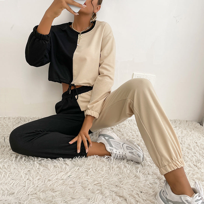 Damen Zweifarbiges Cropped-Jogging-Set mit Tunnelzug, elastischen Bündchen und Boxy-Schnitt Echoarchiv