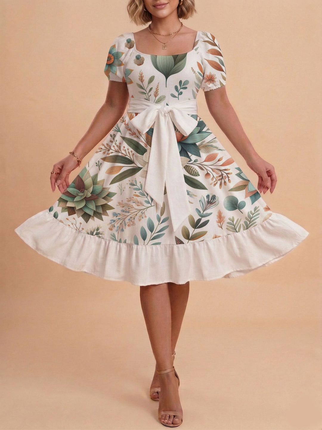 Damen Midikleid mit verspieltem Druck und tailliertem Schnitt Echo Archiv