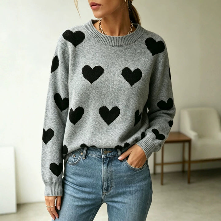 Damen Herz-Intarsien Rundhalspullover mit lässiger Oversize-Passform – Mavelle