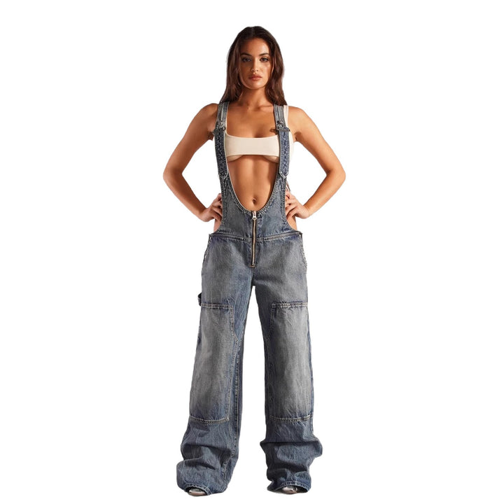 Damen lässige Denim-Latzhose mit oversized Schnitt und praktischen Taschen Echo Archiv