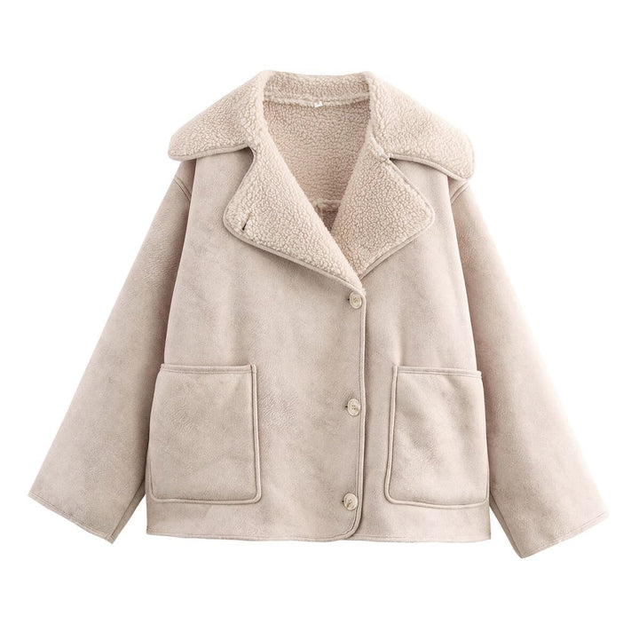 Damen Kurz geschnittener Oversized Lammfellimitat-Mantel mit Teddy-Kragen Echo Archiv