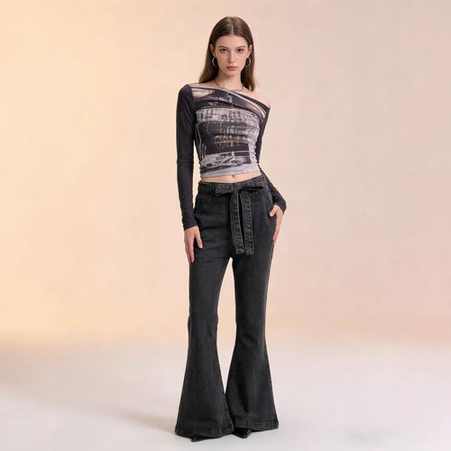 Damen nan High‑Waist Denimhose mit Schleifenbund, hoher Taille und weitem Schlag Echo Archiv