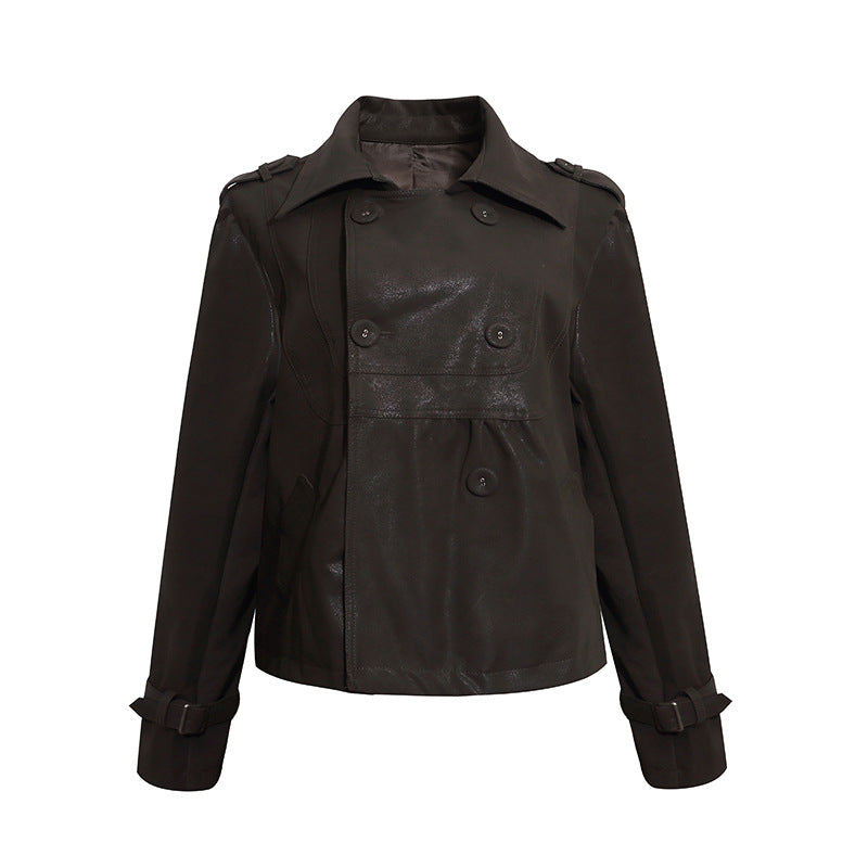 Damen Cropped Doppelreihige Lederjacke im Trenchstil mit Schulterklappen Echoarchiv