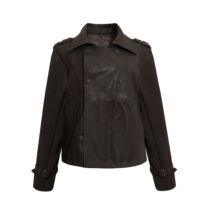 Damen Cropped Doppelreihige Lederjacke im Trenchstil mit Schulterklappen Echoarchiv