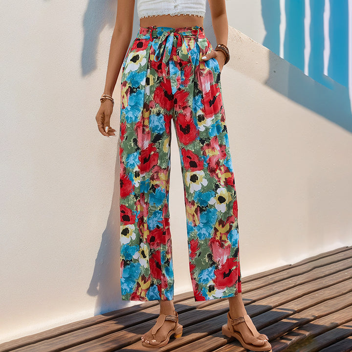 Damen Leichte High‑Waist Marlenehose mit floralem Aquarellprint, weitem Bein & Bindegürtel Echoarchiv