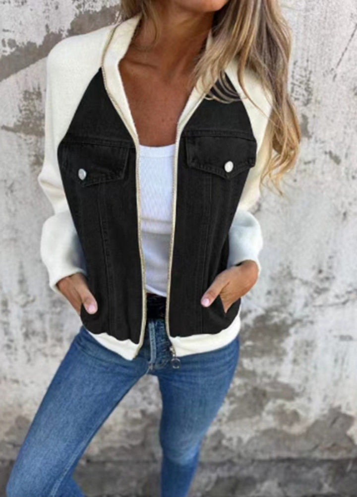 Damen nan Sweat-Jeans-Bomberjacke mit Raglanärmeln Brustklappen und Reißverschluss Echo Archiv