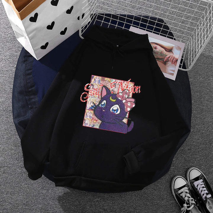 Damen Oversize-Kapuzenpullover mit glitzerndem Anime-Katzen-Motiv, Kängurutasche und weichem Fleece-Innenfutter – Auréline