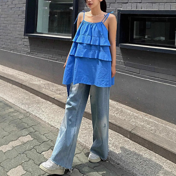 Damen luftiges Schwingkleid mit mehrlagigem Design und verstellbaren Trägern Echo Archiv