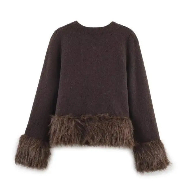 Damen kurze Wolljacke mit flauschigem Kunstfellbesatz am Saum und Ärmeln – Célinea