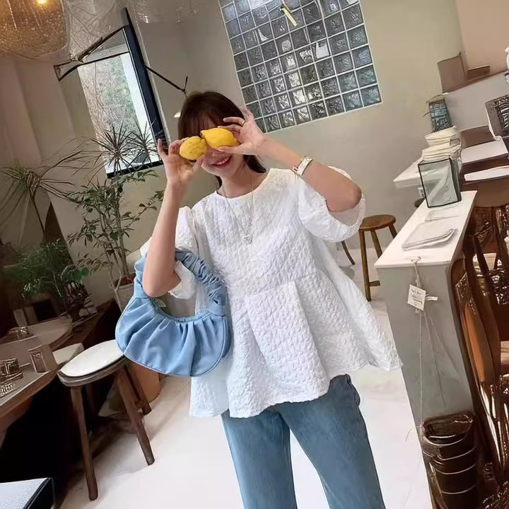 Damen Überweite Strukturierte Tunika-Bluse mit Ballonärmeln Echoarchiv