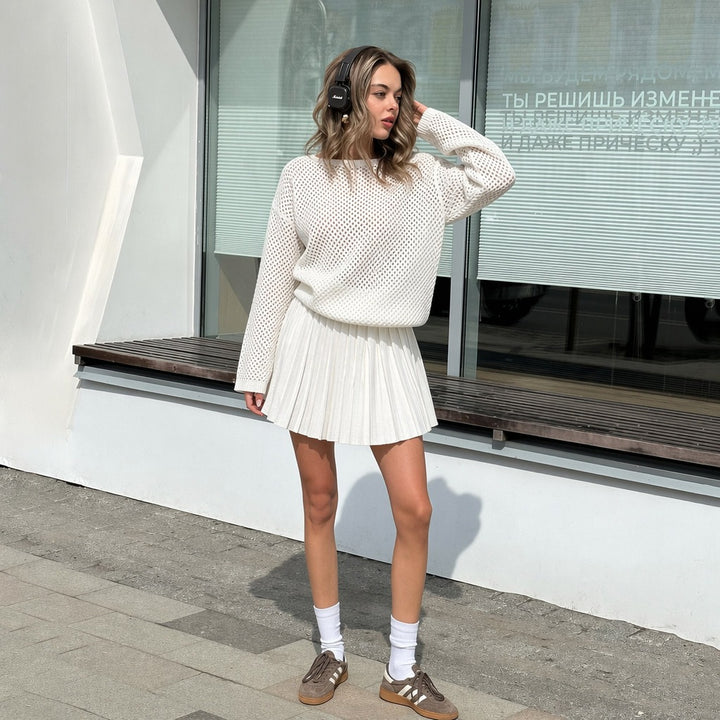Damen oversized Netzstrickpullover mit plissiertem Minirock-Set – Élanora