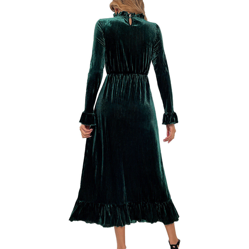 Damen Midikleid aus plissiertem Samt mit Stehkragen geraffter Taille und Volant-Saum – Élara
