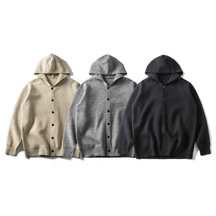 Unisex Leichte Kapuzen‑Strickjacke mit Druckknopfleiste und Rippbündchen Echoarchiv