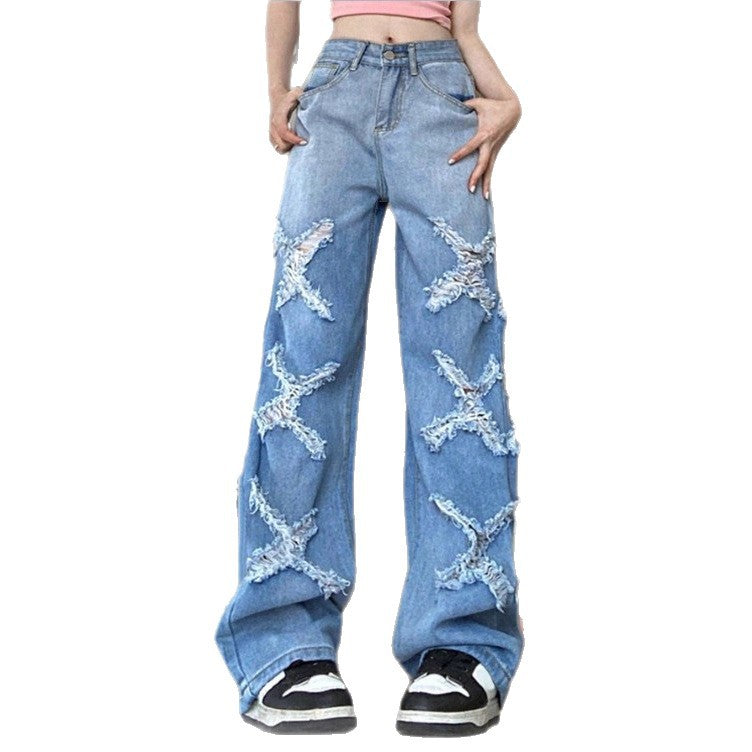 Damen Weite Denim-Jeans im Baggy-Stil mit dekorativen Fransenstern-Applikationen Echo Archiv