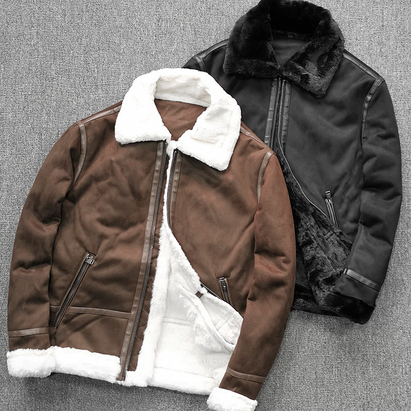 Herren gefütterte Pilotenjacke aus Velourslederimitat mit Teddyfell-Innenfutter und Reißverschluss Echo Archiv