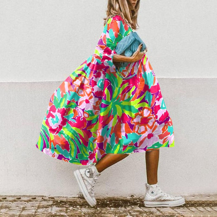 Damen nan leichtes Baumwoll-Swingkleid mit großem Blumenprint, 3/4-Ballonärmeln und geraffter Taille Echo Archiv