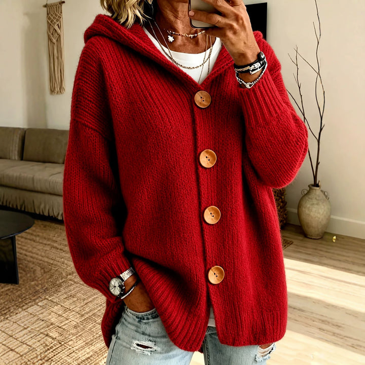 Damen Grobgestrickter Kapuzencardigan mit überlanger Silhouette, Holzknopfleiste und gerippten Bündchen – Veloura