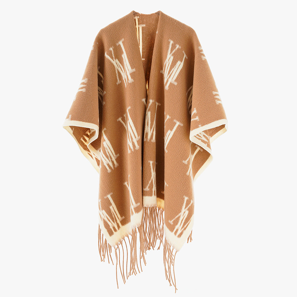 Damen Oversize-Monogramm-Capeponcho aus Wollmix mit Fransensaum – Célinea