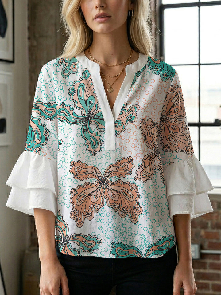 Damen Bluse mit voluminösen Rüschenärmeln und kreativem Floraldesign Echo Archiv