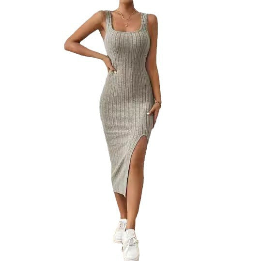 Damen figurbetontes Maxikleid mit hohem Schlitz und dekorativem Rippenmuster Echo Archiv
