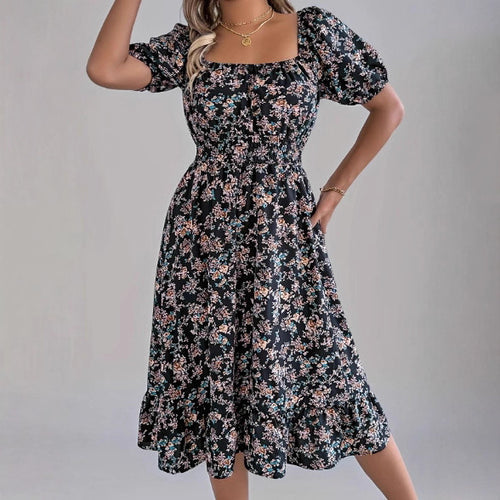 Damen sommerliches Blumenkleid mit Puffärmeln und Rüschensaum Echo Archiv