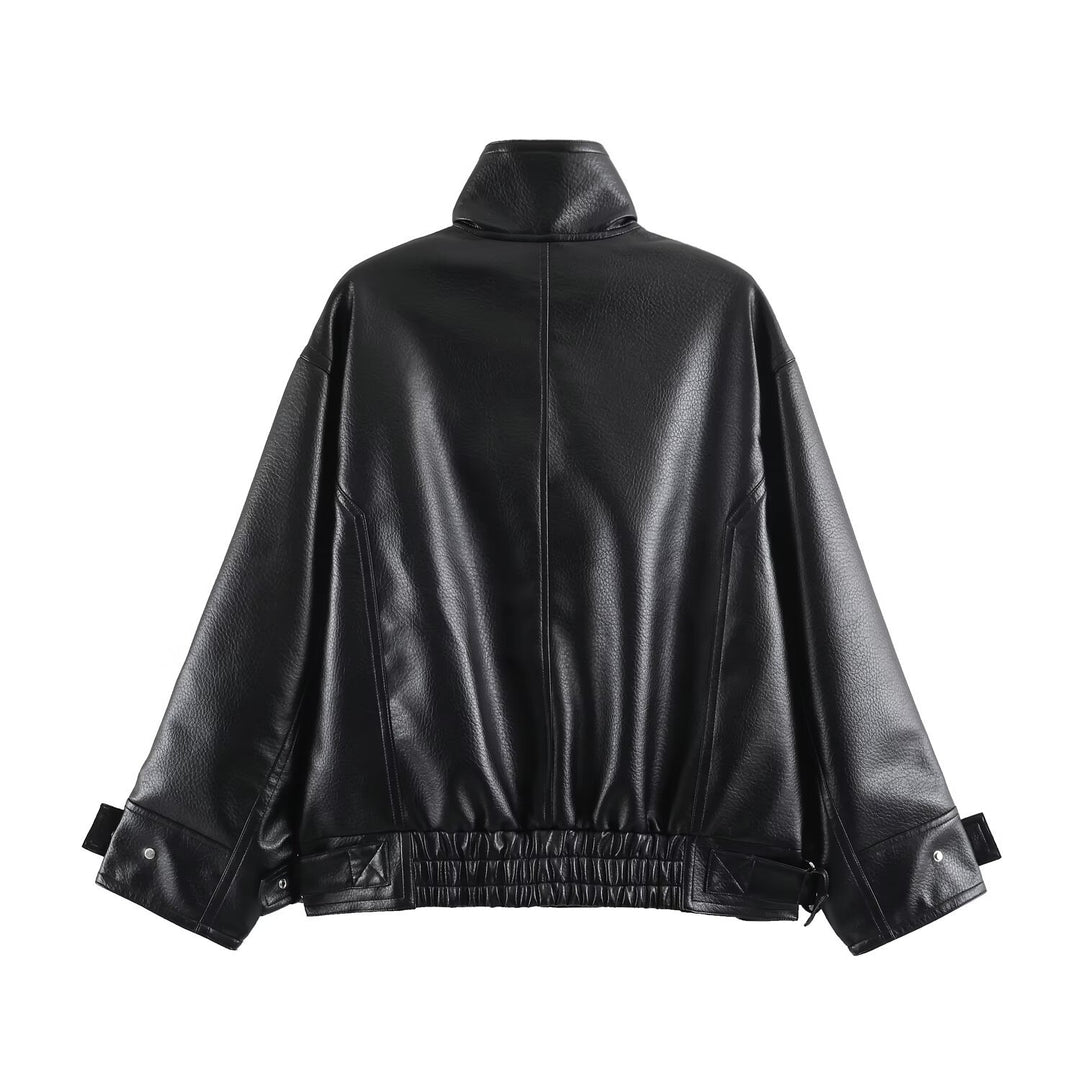 Damen Oversize Kunstlederjacke mit hohem Stehkragen, aufgesetzten Taschen und verstellbaren Schnallen Echo Archiv