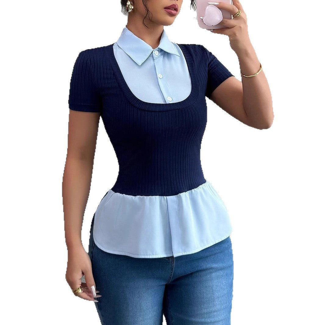 Damen Kurzärmeliges Layering-Top mit Fake-Hemdkragen und Rippstrickkörper – Avérine