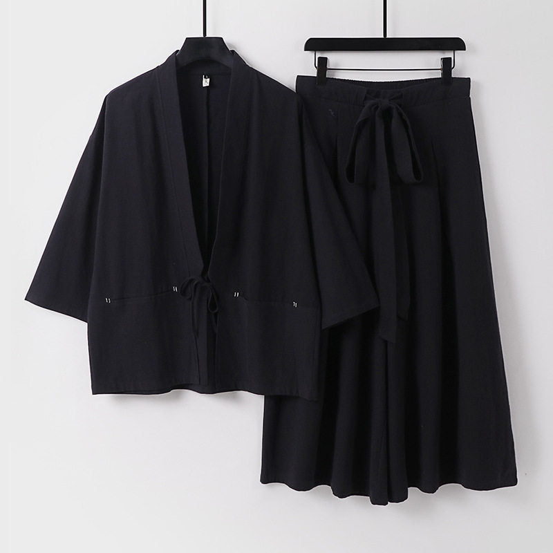 Damen Zweiteiliges Kimono-Set mit Kurzjacke und fließendem Midirock Echoarchiv