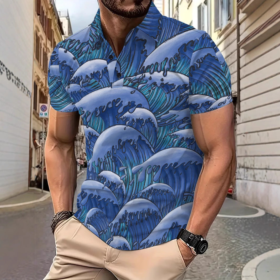 Herren Poloshirt mit künstlerischem Wellenmuster Echoarchiv