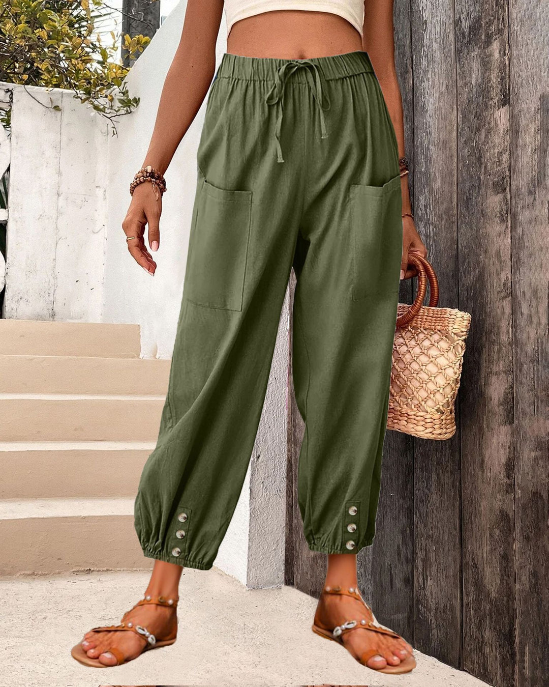 Damen Leinenlook Loungehosen mit hohem elastischem Taillenbund, Kordelzug, aufgesetzten Taschen und geknöpftem Saum – Avélisse
