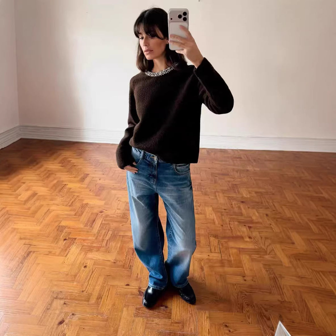 Damen Feinstrick-Pullover mit Schmuckkragen und leichtem Boxy-Cropped-Schnitt Echoarchiv