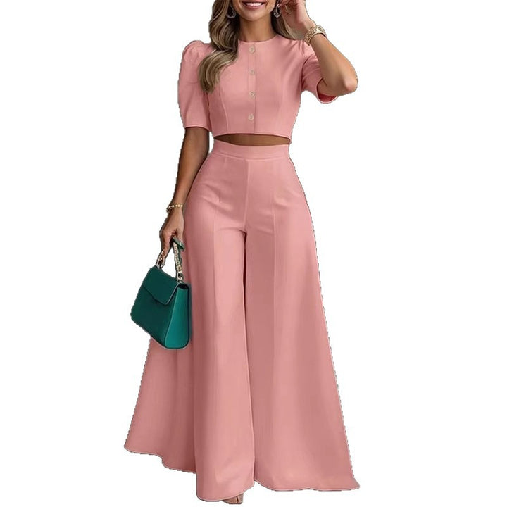 Damen elegantes kurzes Oberteil mit Puffärmeln und hochgeschnittenen Palazzo-Hosen Echo Archiv