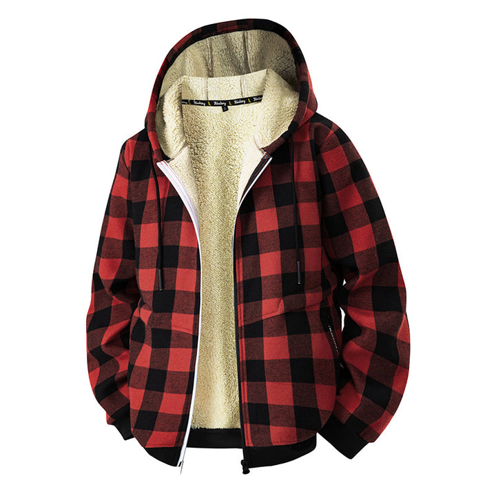 Herren karierter Teddy-Fleece Kapuzenjacke mit Sherpa-Futter und Reißverschluss – Taviero