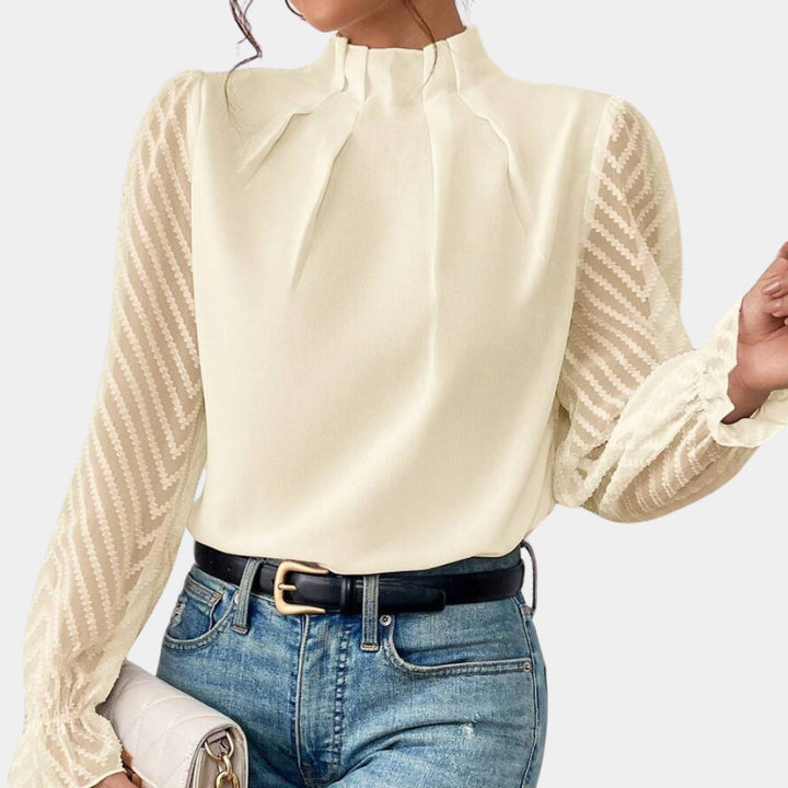 Damen Elegante Chiffonbluse mit Stehkragen, Faltenkante und transparenten Jacquard-Ärmeln – Élovi