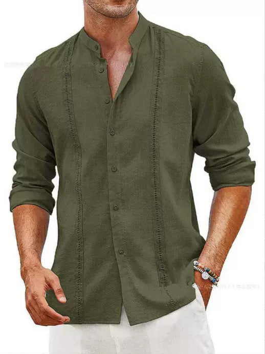 Herren Langarm Leinenhemd mit Stehkragen und feinen Stickdetails Echoarchiv