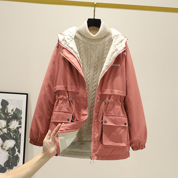 Damen Wasserabweisender Kapuzenparka mit Teddyfutter Tunnelzugtaillierung und Mehrfachtaschen – Célinea