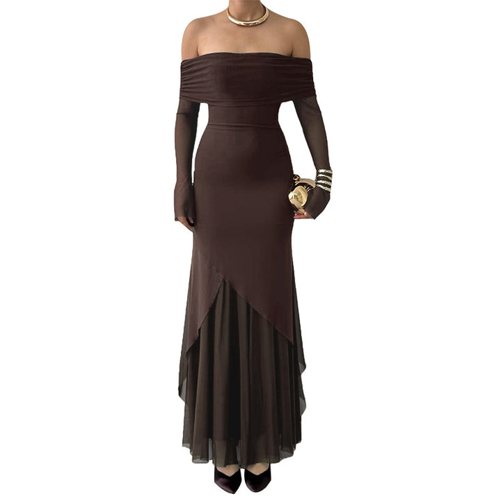 Damen elegantes schulterfreies Maxikleid mit raffiniertem Rüschenoberteil und asymmetrischem Saum Echo Archiv