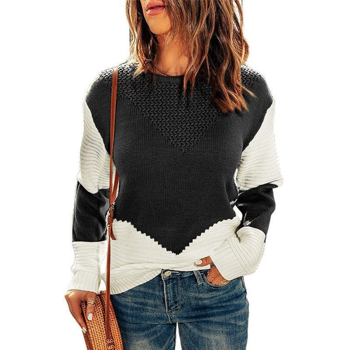 Damen Farbblock-Strickpullover mit strukturiertem Yoke und gerippten Ärmeln Echoarchiv