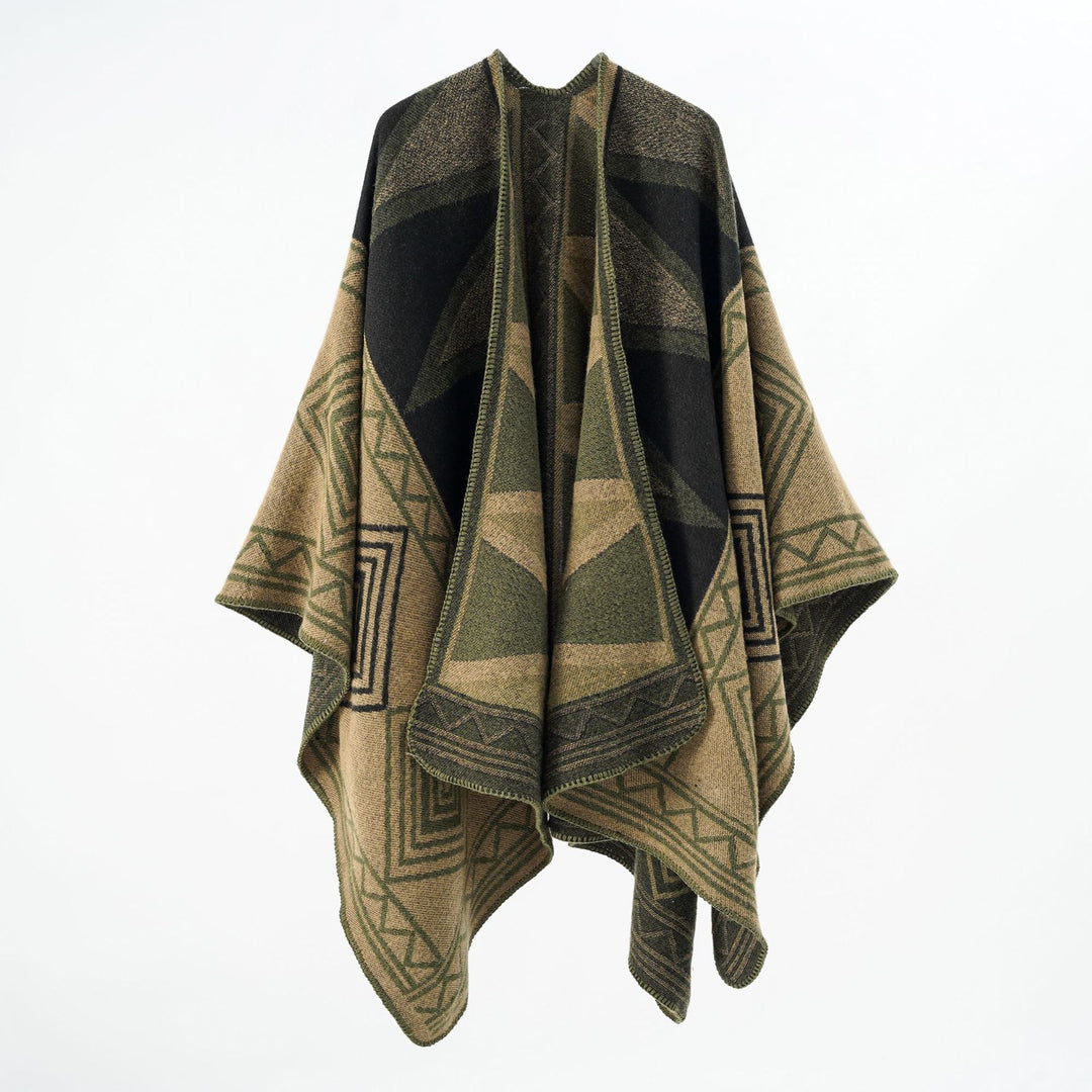 Damen Geometrischer Wollmix-Überwurfponcho mit Kettelkante Echo Archiv